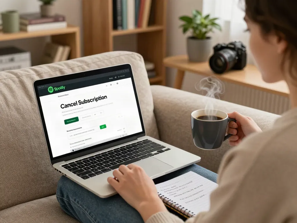 Engaging living room scene illustrating the SpotiGeek cancel guide with a user contemplating Spotify subscription options.
