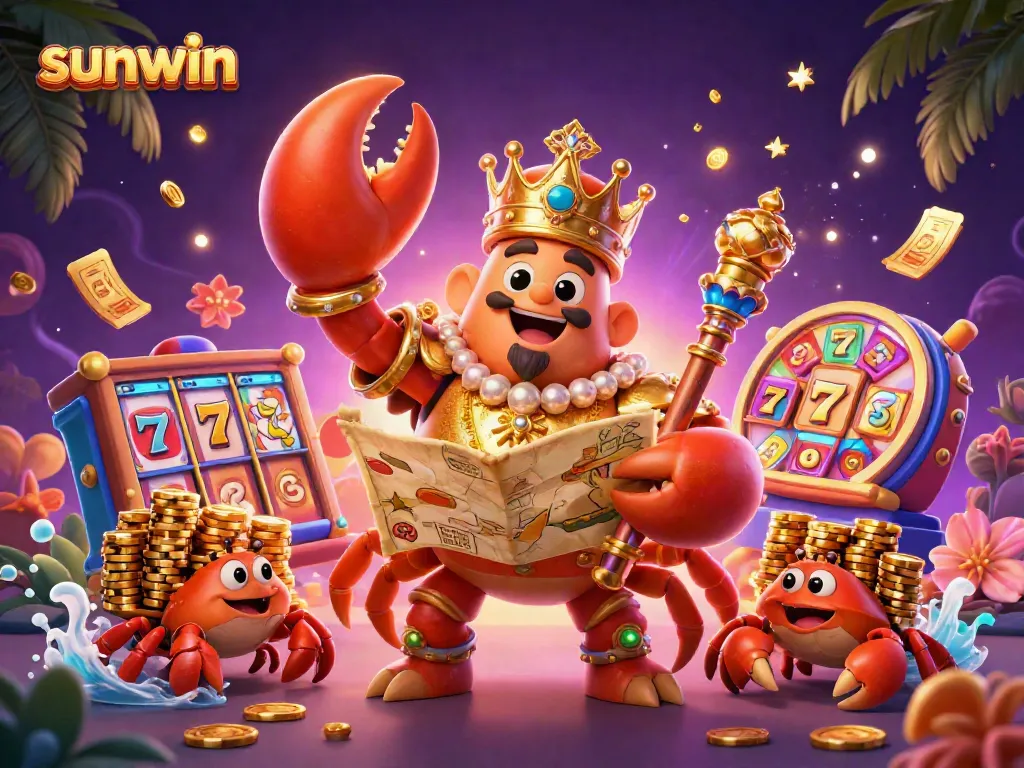 Engage with sunwin's vibrant casino scene featuring a golden crab emperor, slot reels, and dynamic elements.