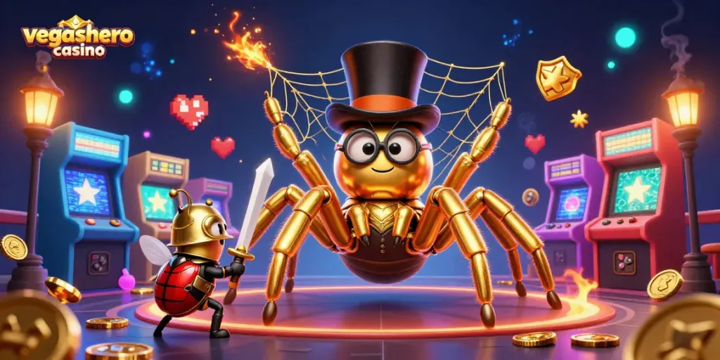 Engage with vegashero casino's thrilling adventures featuring gaming characters in a vibrant 3D illustration.