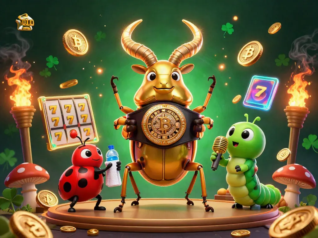 Experience thrilling casino action with a golden stag beetle champion amidst vibrant slots and crypto coins.