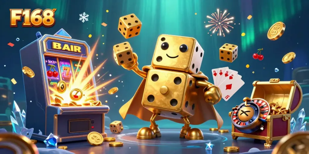 Experience the vibrant gaming world of F168 with dynamic casino elements and characters.