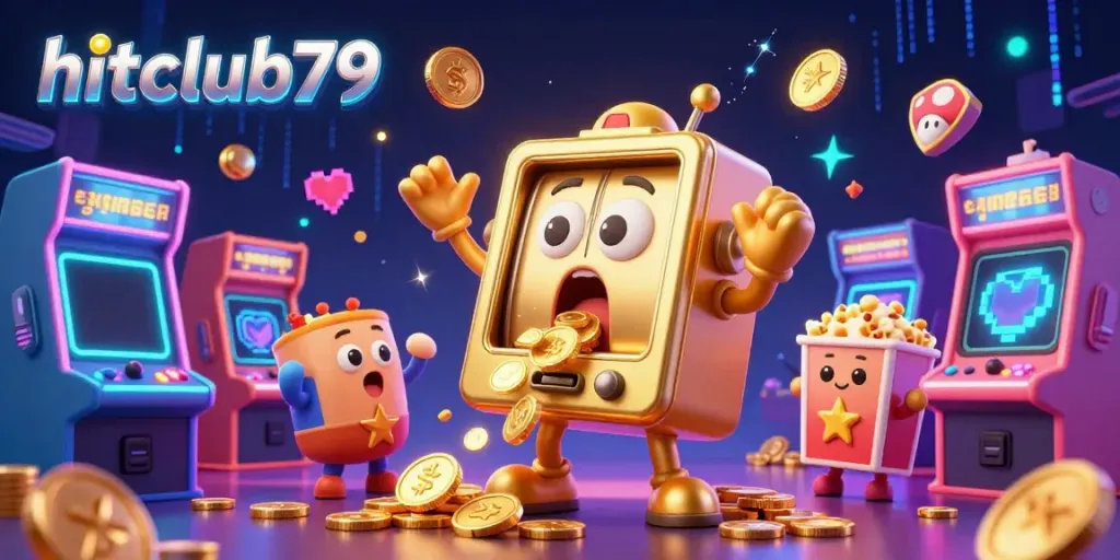 Hitclub79's golden slot machine celebrates its jackpot while coins spill out, vibrant casino scene.