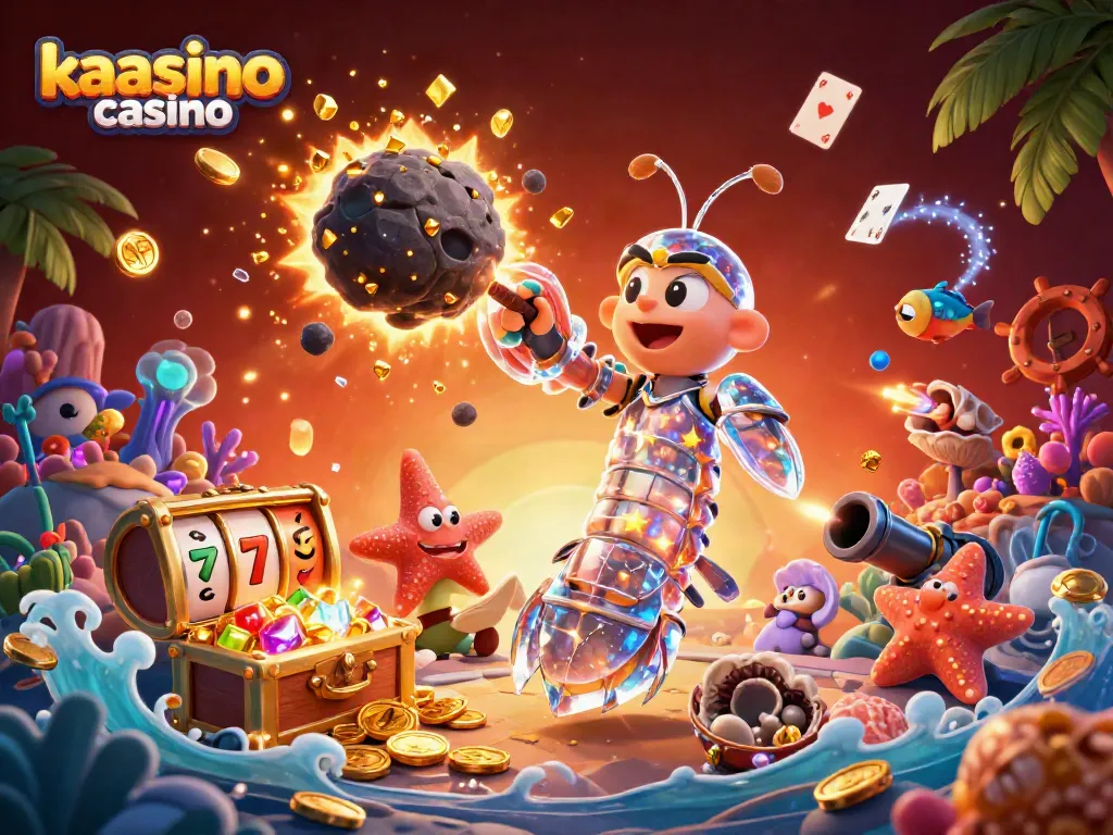 Experience excitement at kaasino casino with vibrant 3D illustration featuring a mantis shrimp and spinning slots.