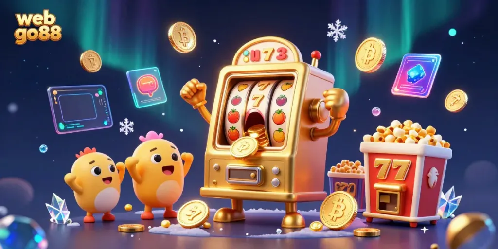Experience the thrill of web go88 with a lively scene of slot machines and crypto elements.