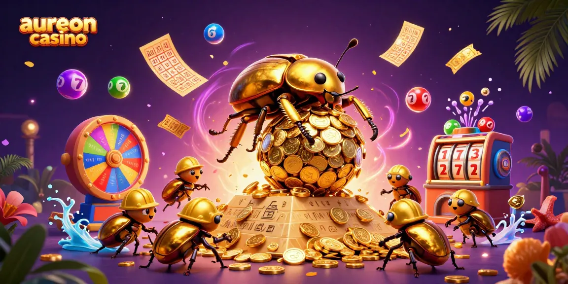 Aureoncasino offers a vibrant scene of a golden beetle amidst casino symbols and colorful game elements.