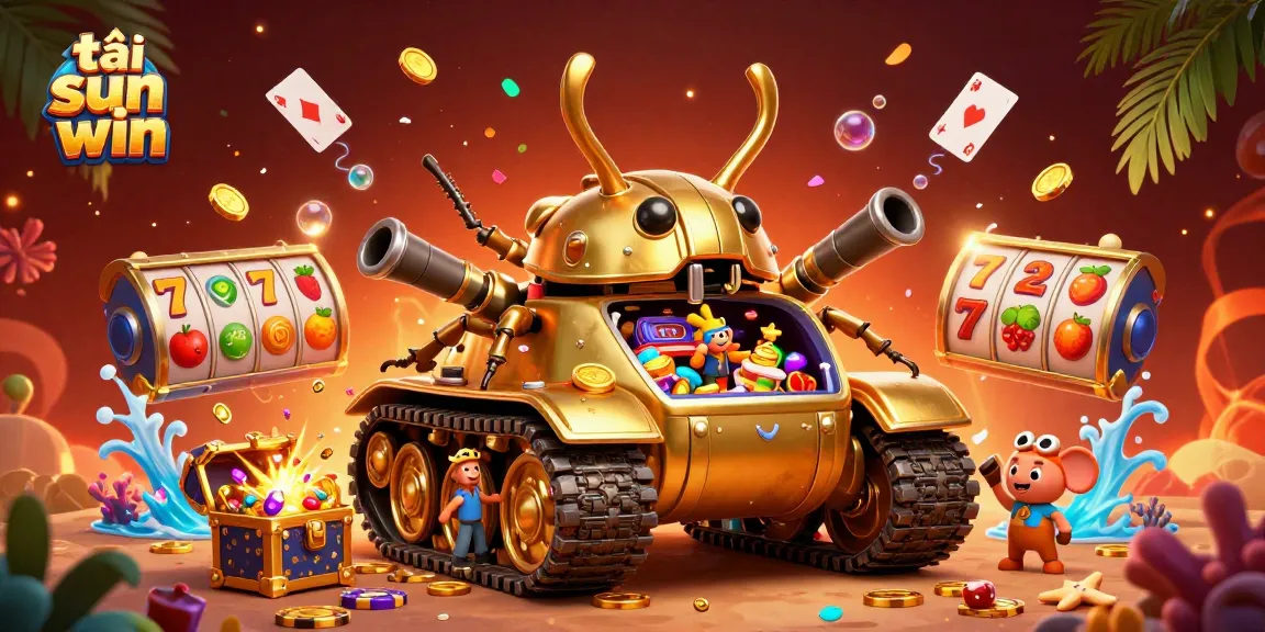 Experience the thrill of tải sun win with a dynamic casino-themed illustration featuring a gold beetle tank and exciting gaming elements.